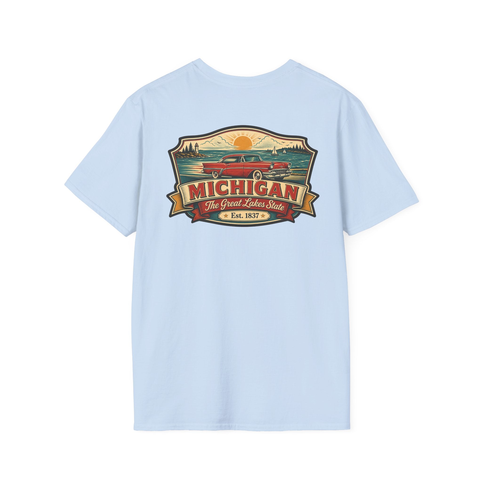 Light blue T-shirt with Michigan emblem and red car graphic on front