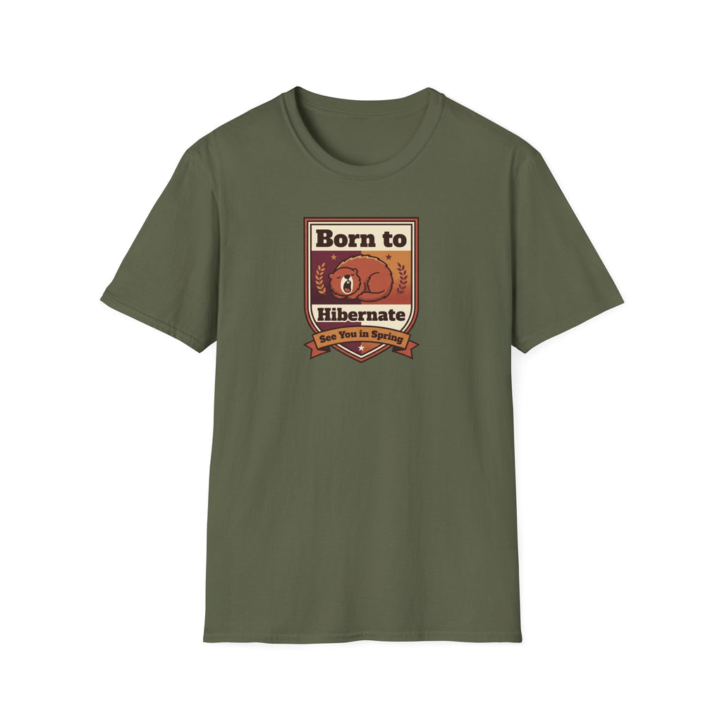 Olive “Born to Hibernate” bear graphic T-shirt, front view