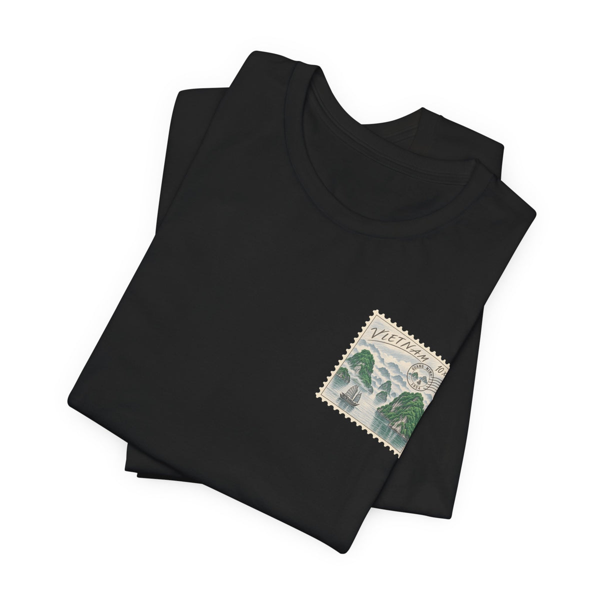 Black T-shirt set with small Vietnam postage stamp-style chest graphic