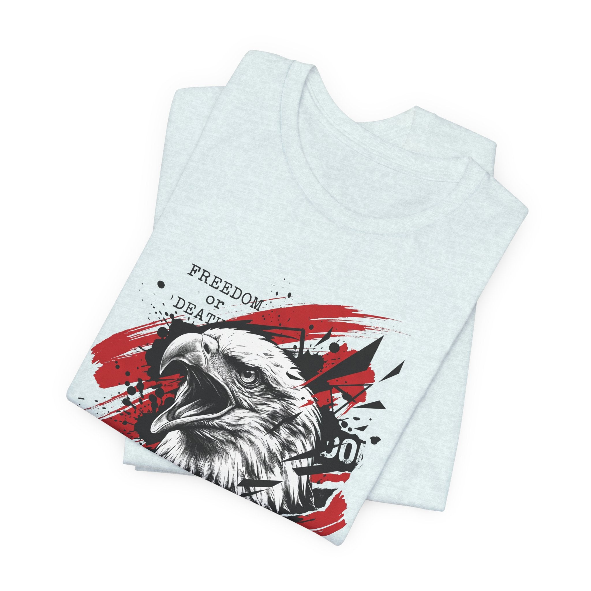 Light blue crewneck t-shirt with red splatter eagle head and slogan graphic