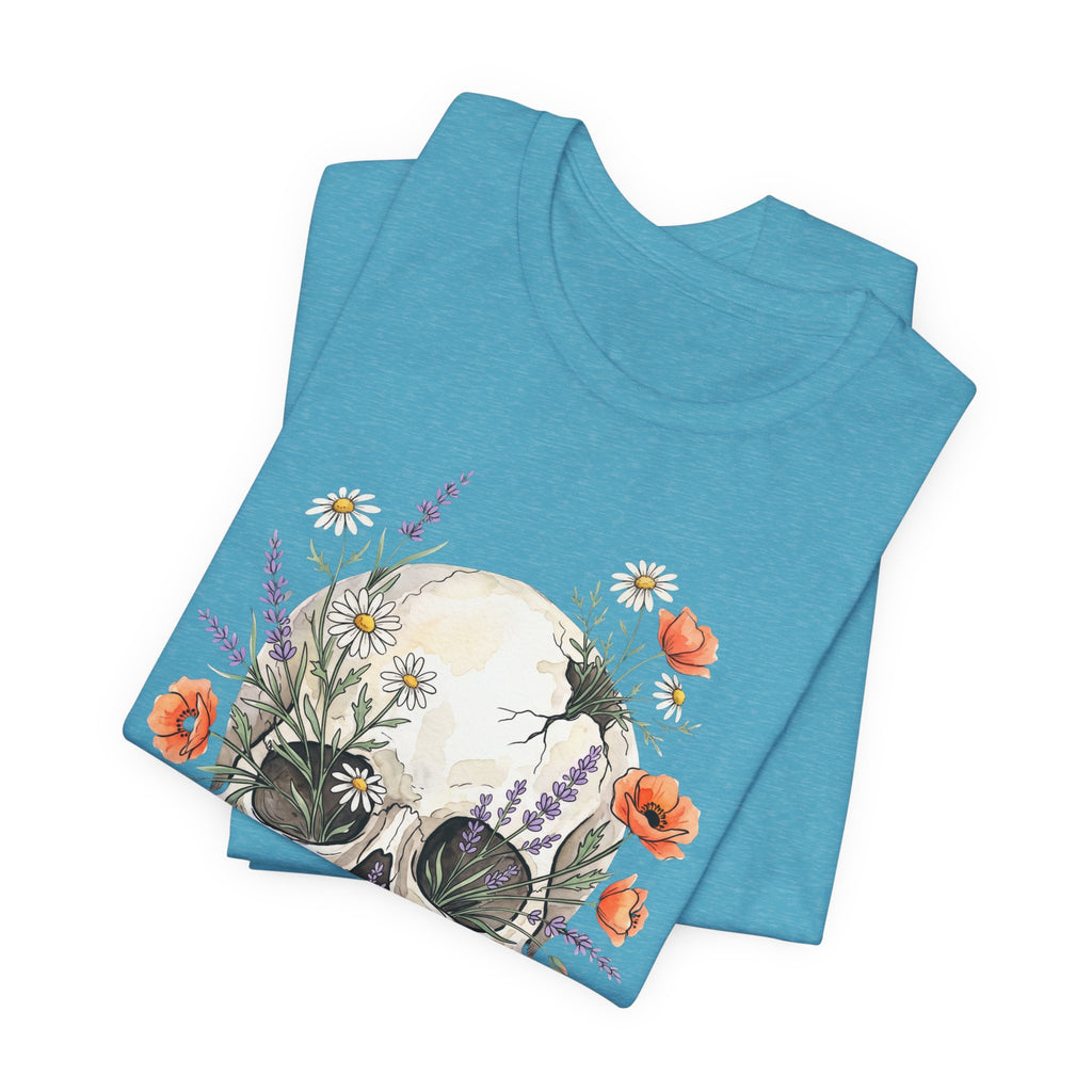 Floral skull T-shirt in heather aqua, folded back with floral skull artwork