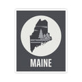 Rectangular Maine sticker featuring circular pine tree map emblem and bold 'MAINE' text.