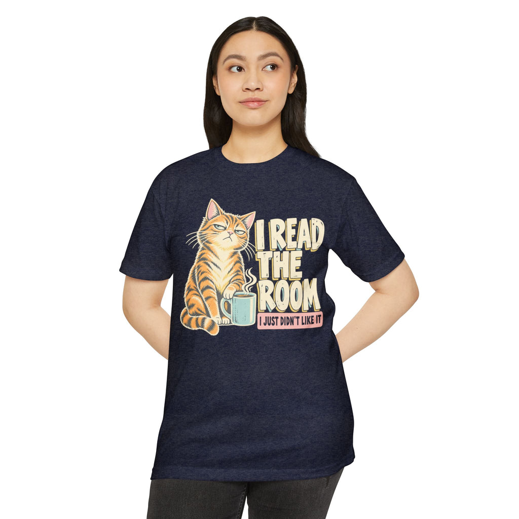 Navy crewneck T-shirt with orange cat holding mug graphic and “I read the room” text