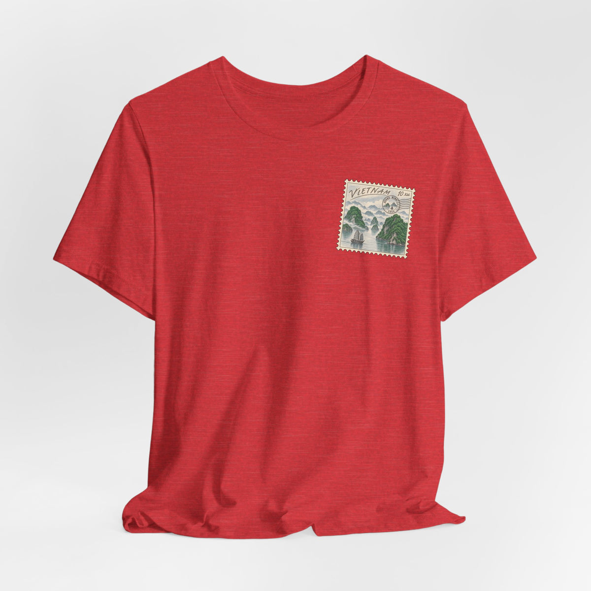 Red travel t-shirt with small Vietnam postage-stamp style graphic on chest