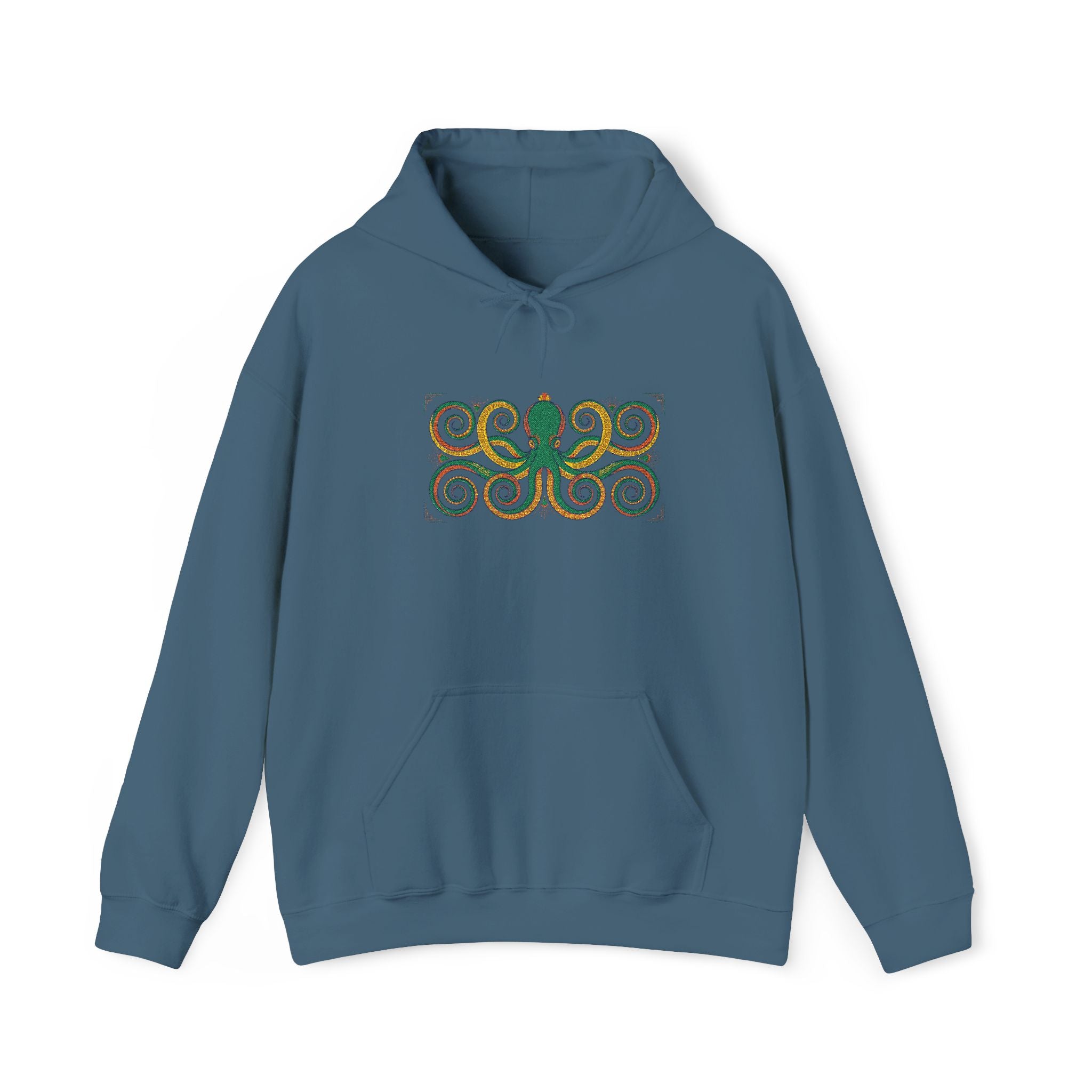 Teal pullover hoodie with hood, drawstrings, kangaroo pocket, octopus swirl graphic