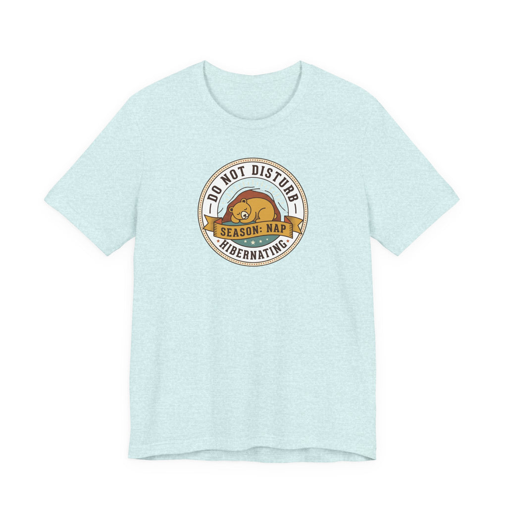 Light blue T-shirt with hibernating bear "Do Not Disturb" circular graphic on chest