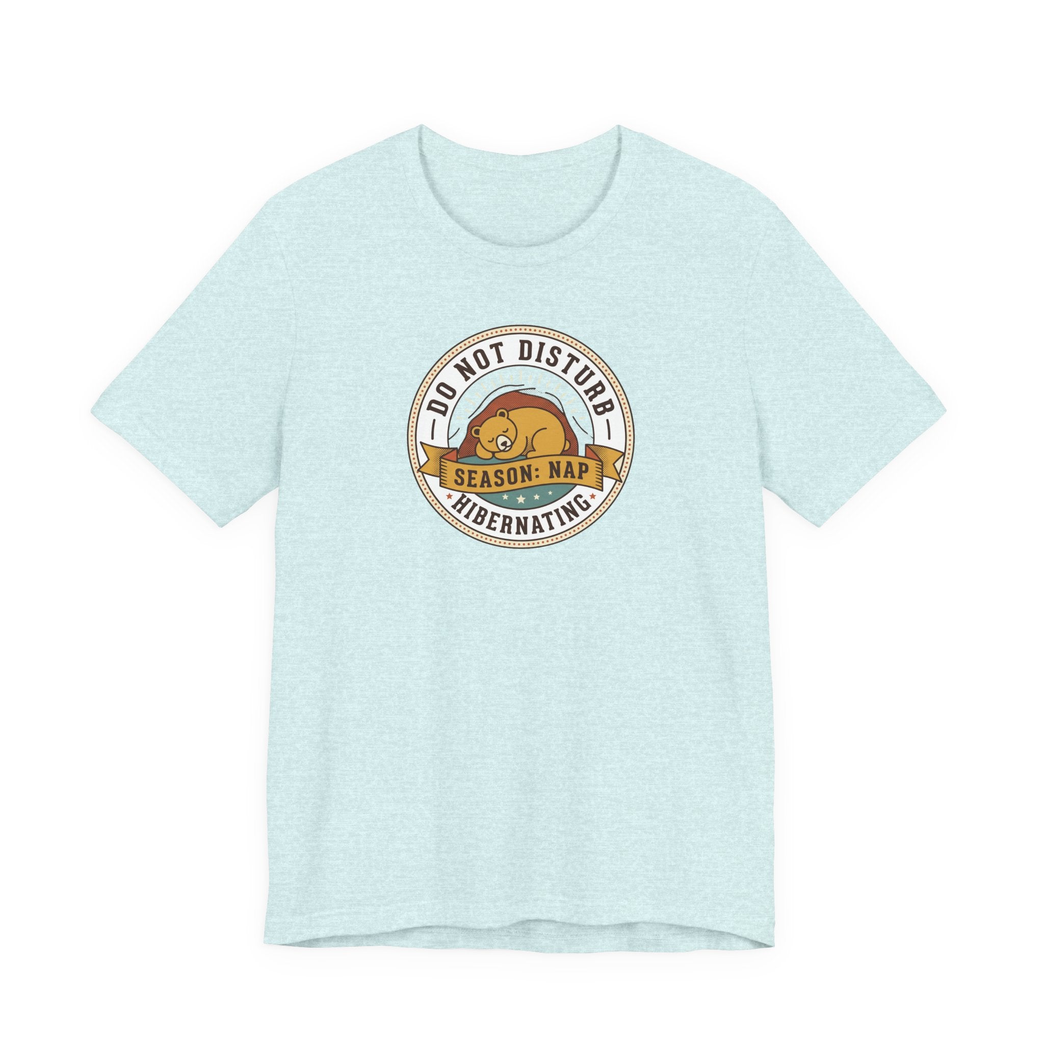 Light blue T-shirt with hibernating bear "Do Not Disturb" circular graphic on chest