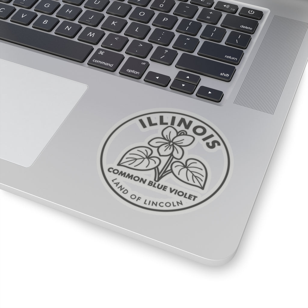 Common blue violet Illinois vinyl decal on laptop lid, centered circular seal