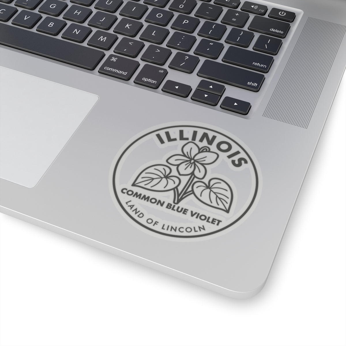Common blue violet Illinois vinyl decal on laptop lid, centered circular seal