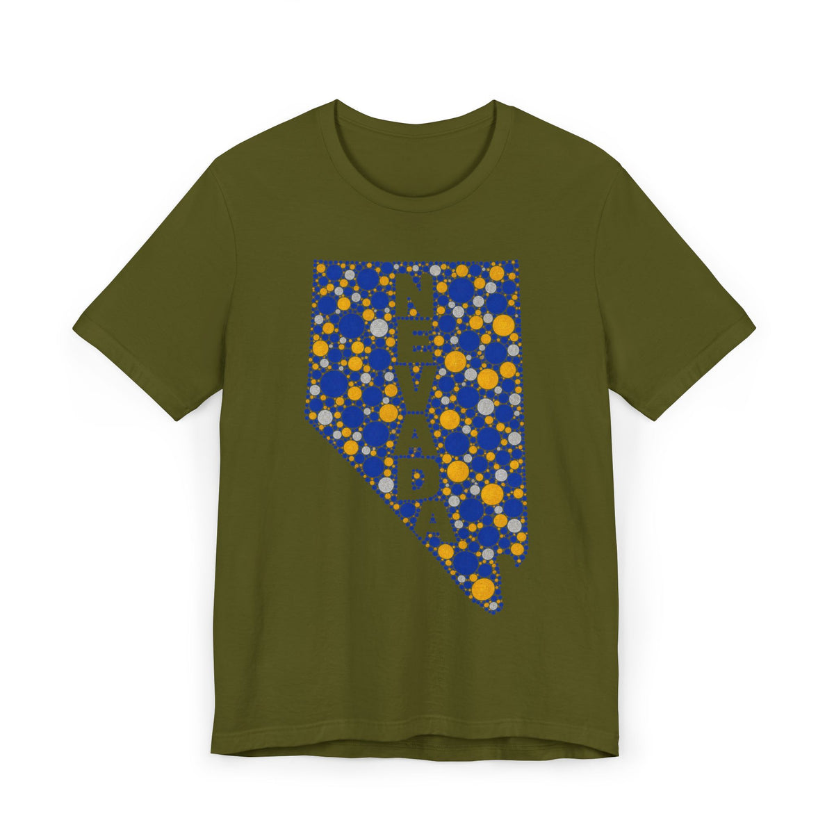 Olive T-shirt with blue and gold polka-dot Nevada map graphic on the chest