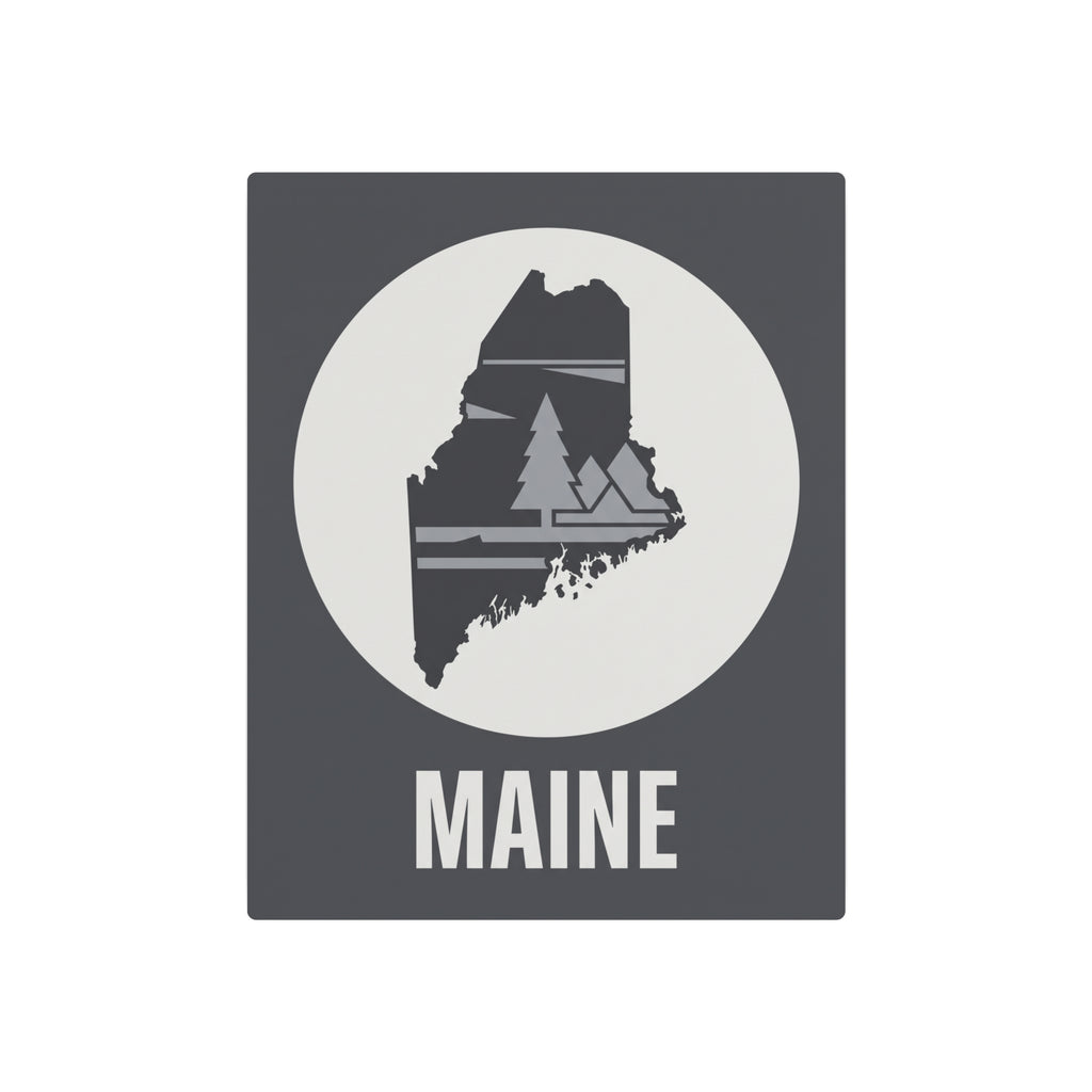 Maine metal art sign: dark gray square, white circle with pine tree silhouette, MAINE text