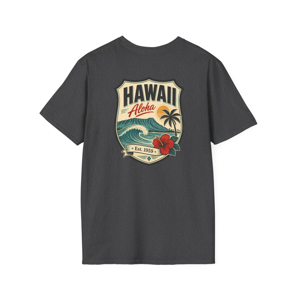 Hawaii badge graphic T-shirt, dark gray, short-sleeve crew neck