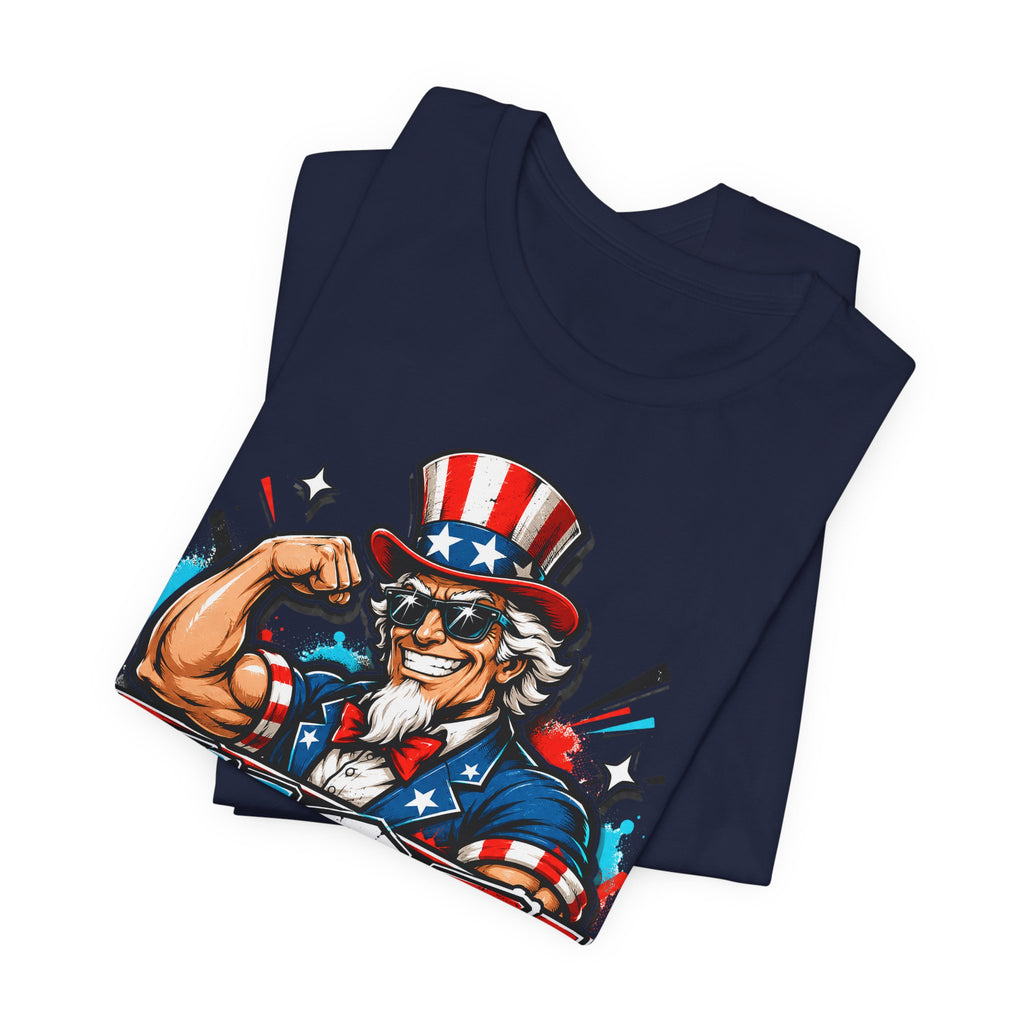 Navy muscle T-shirt with Uncle Sam USA graphic, folded view