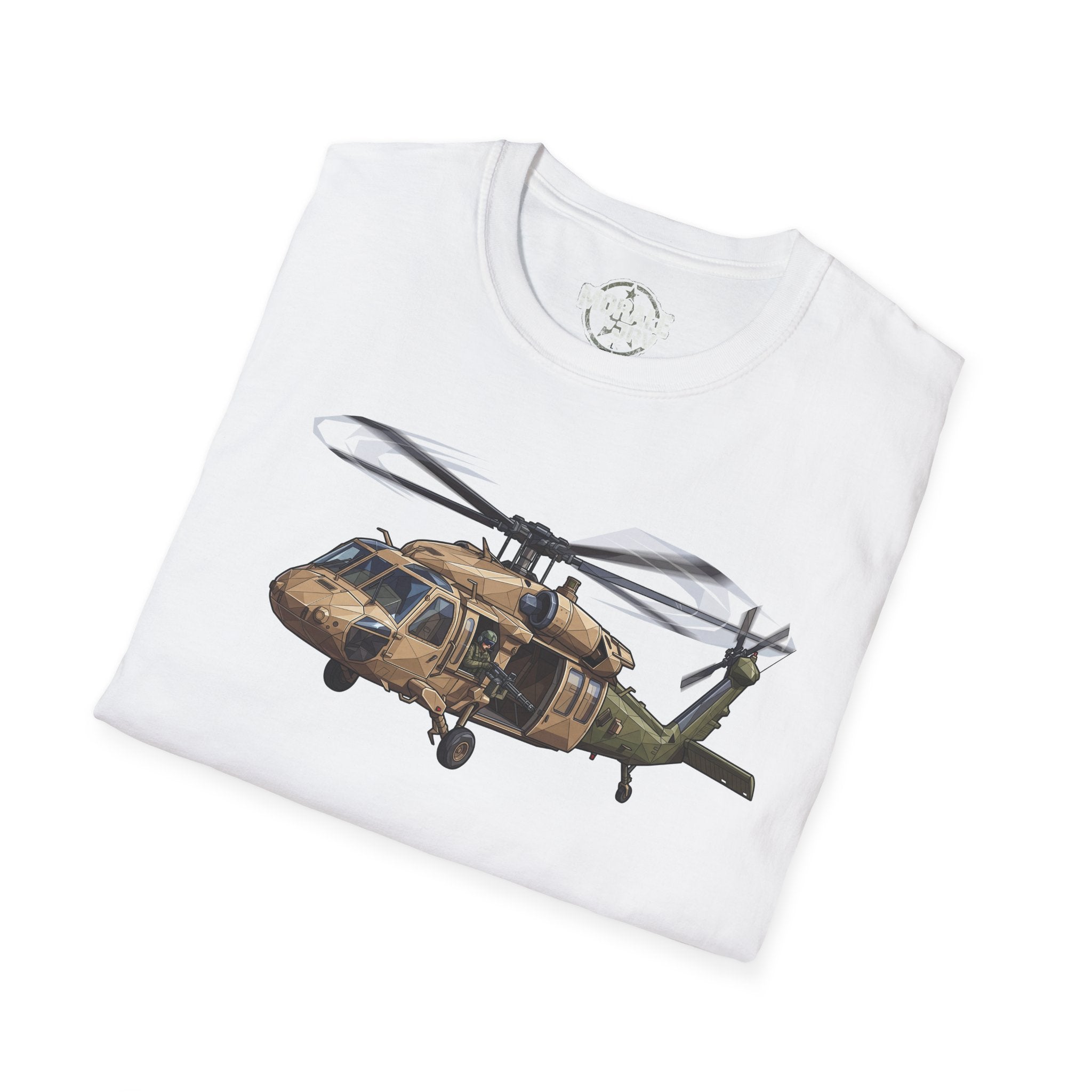 White helicopter graphic T-shirt, angled view of UH-60 Black Hawk front print
