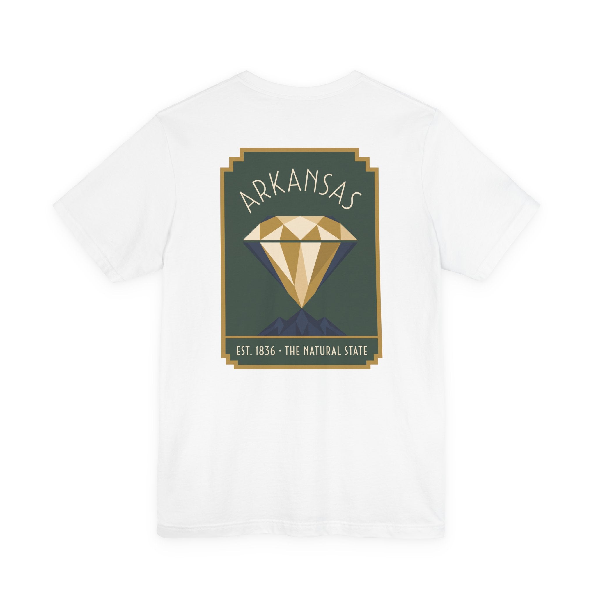 White T-shirt with Arkansas diamond art deco graphic, Est. 1836