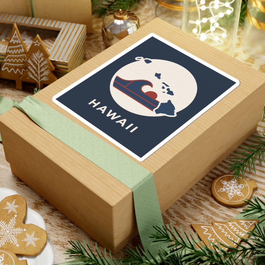Navy square sticker with white circle surf wave map icon and “HAWAII” text, kiss-cut