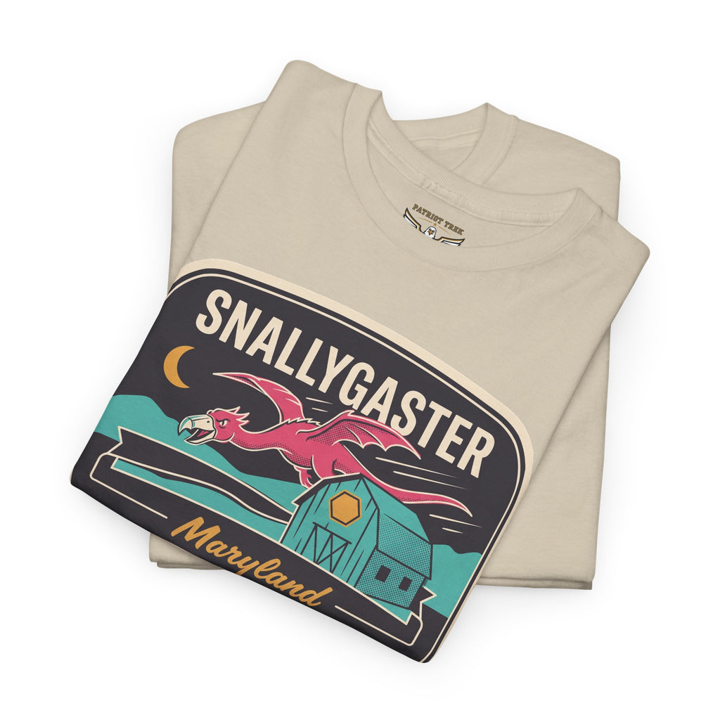 Sand/beige graphic crew-neck tee with Snallygaster Maryland flying creature design
