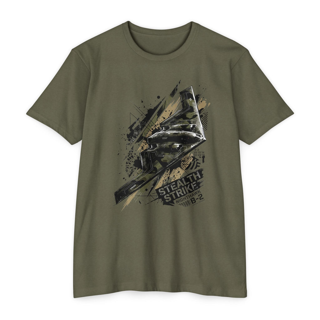 Olive green bomber T-shirt with short sleeves and crew neck; B-2 style graphic front
