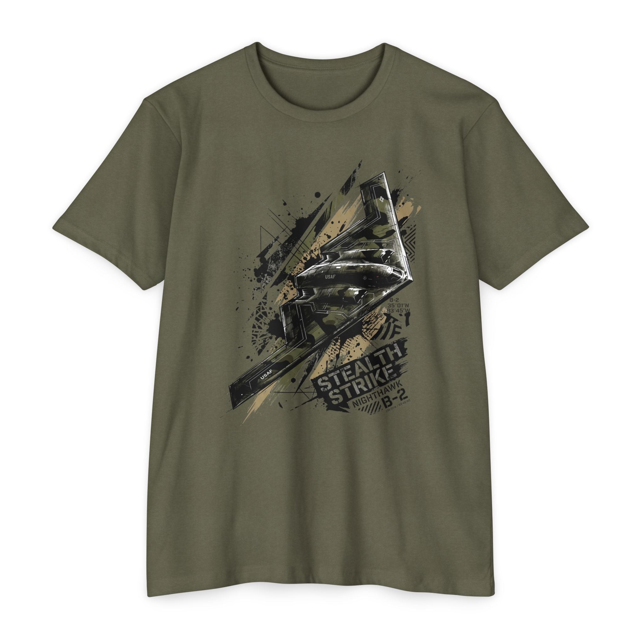 Olive green bomber T-shirt with short sleeves and crew neck; B-2 style graphic front