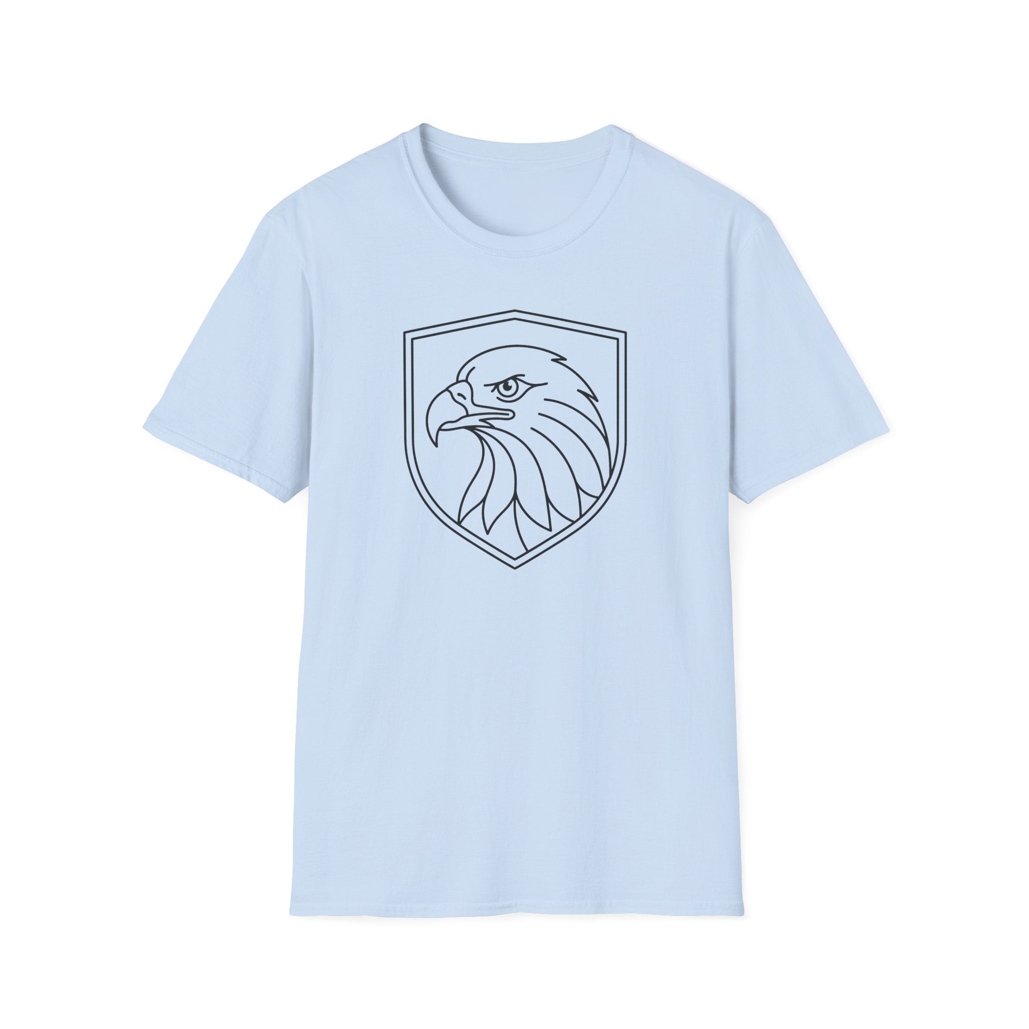 Light blue T-shirt with outlined shield eagle head graphic on the front.