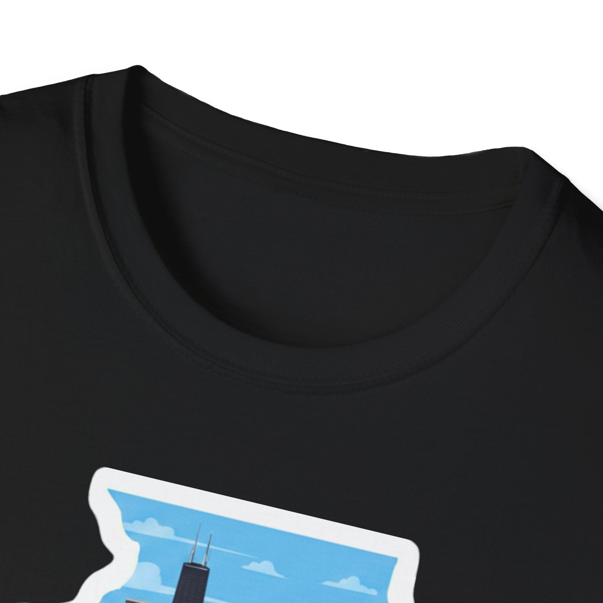 Black crewneck T-shirt with upper part of Illinois skyline map print