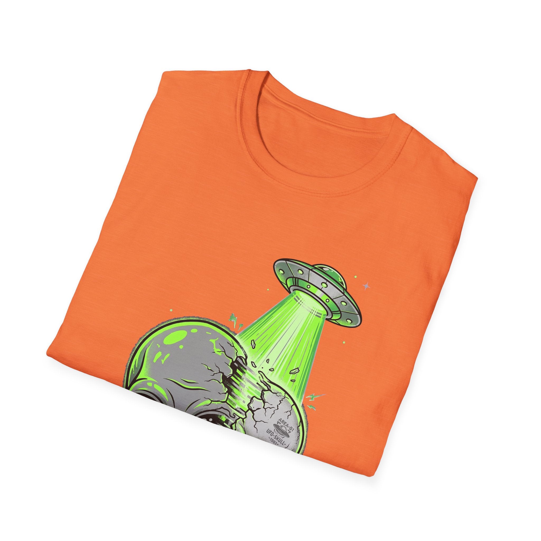 Alien & Skull T-Shirt, orange, green alien UFO tractor beam graphic across chest