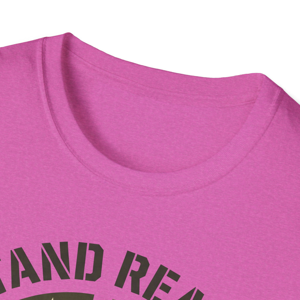 Hot pink crew-neck T-shirt neckline with partial "STAND READY" text