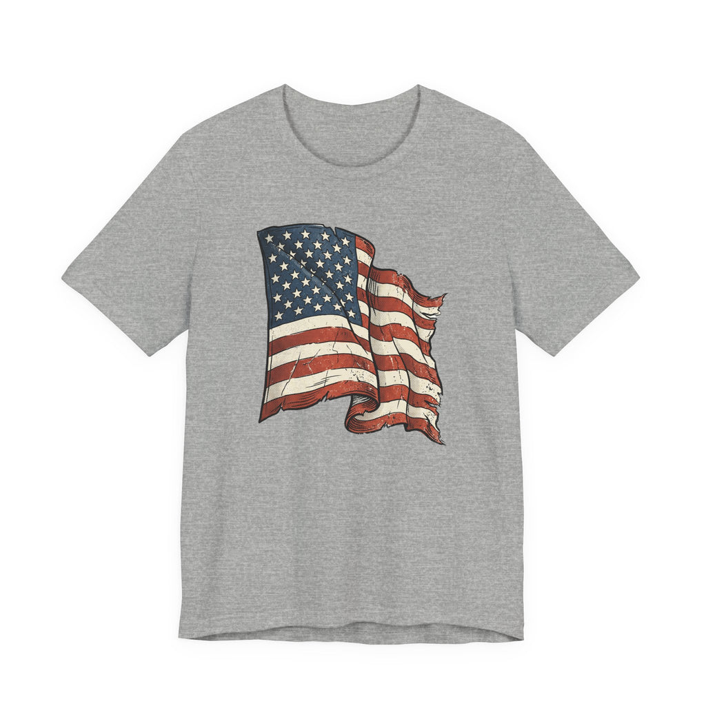 Grey crew-neck T-shirt with distressed waving American flag graphic
