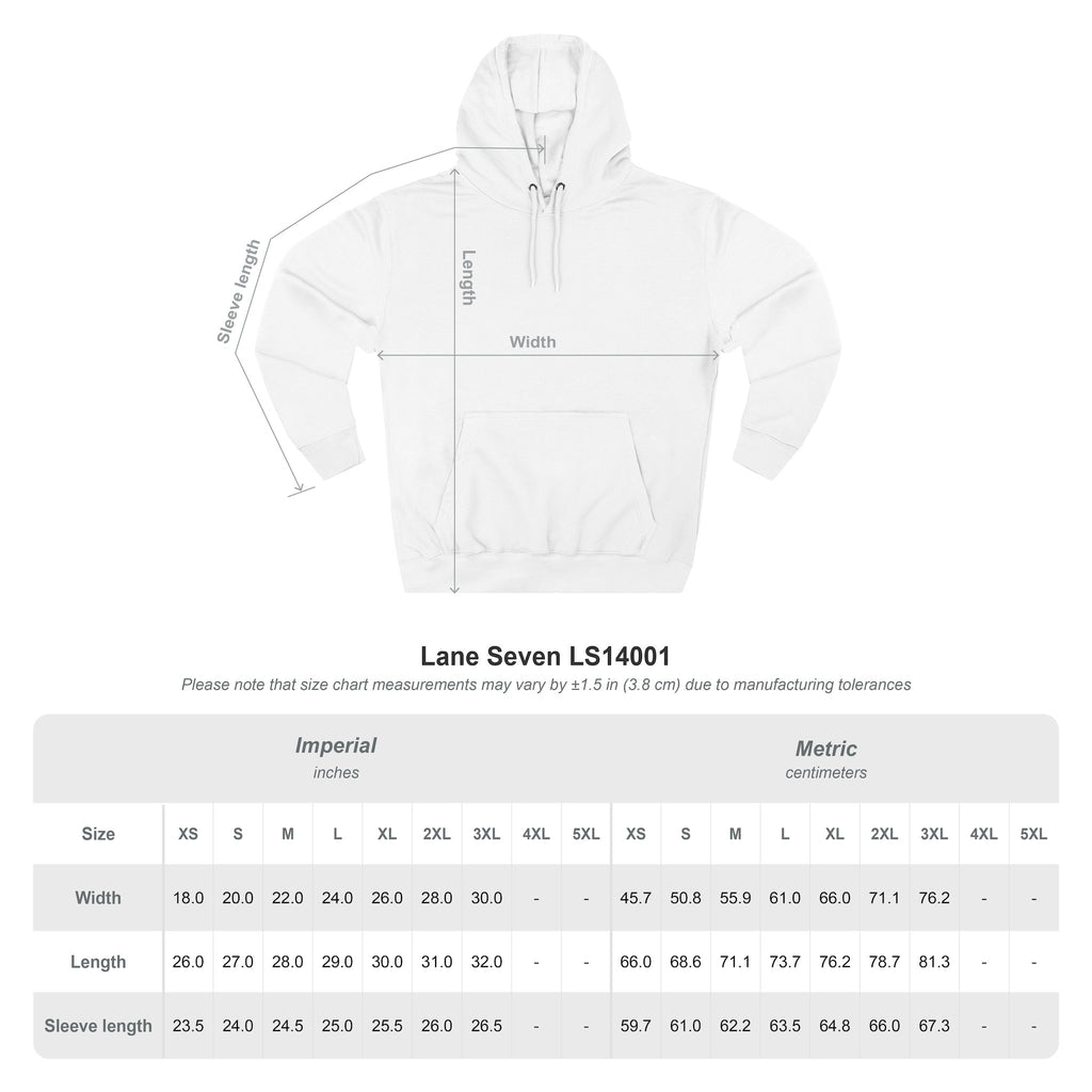 White pullover hoodie size diagram with hood and kangaroo pocket