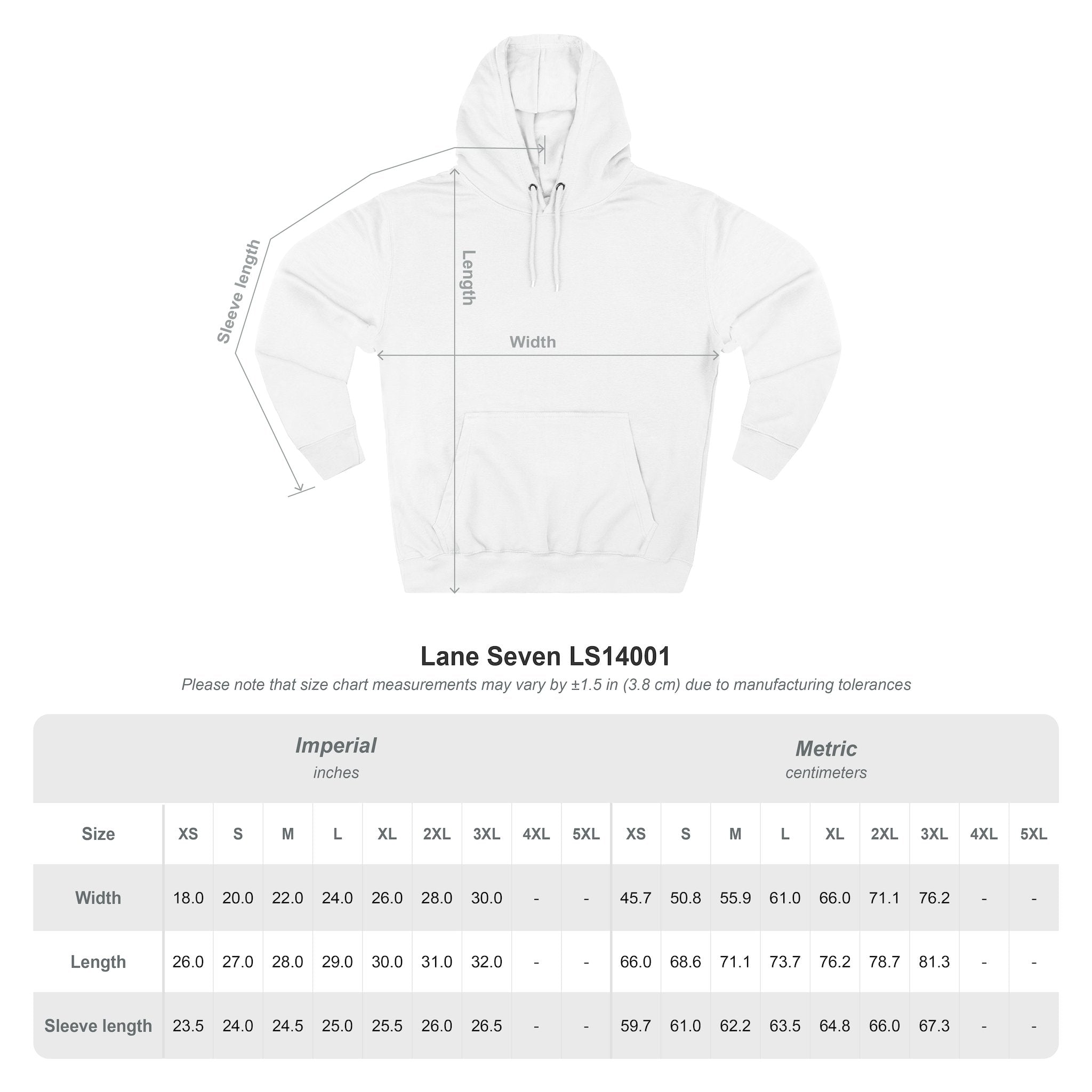 White pullover hoodie size diagram with hood and kangaroo pocket
