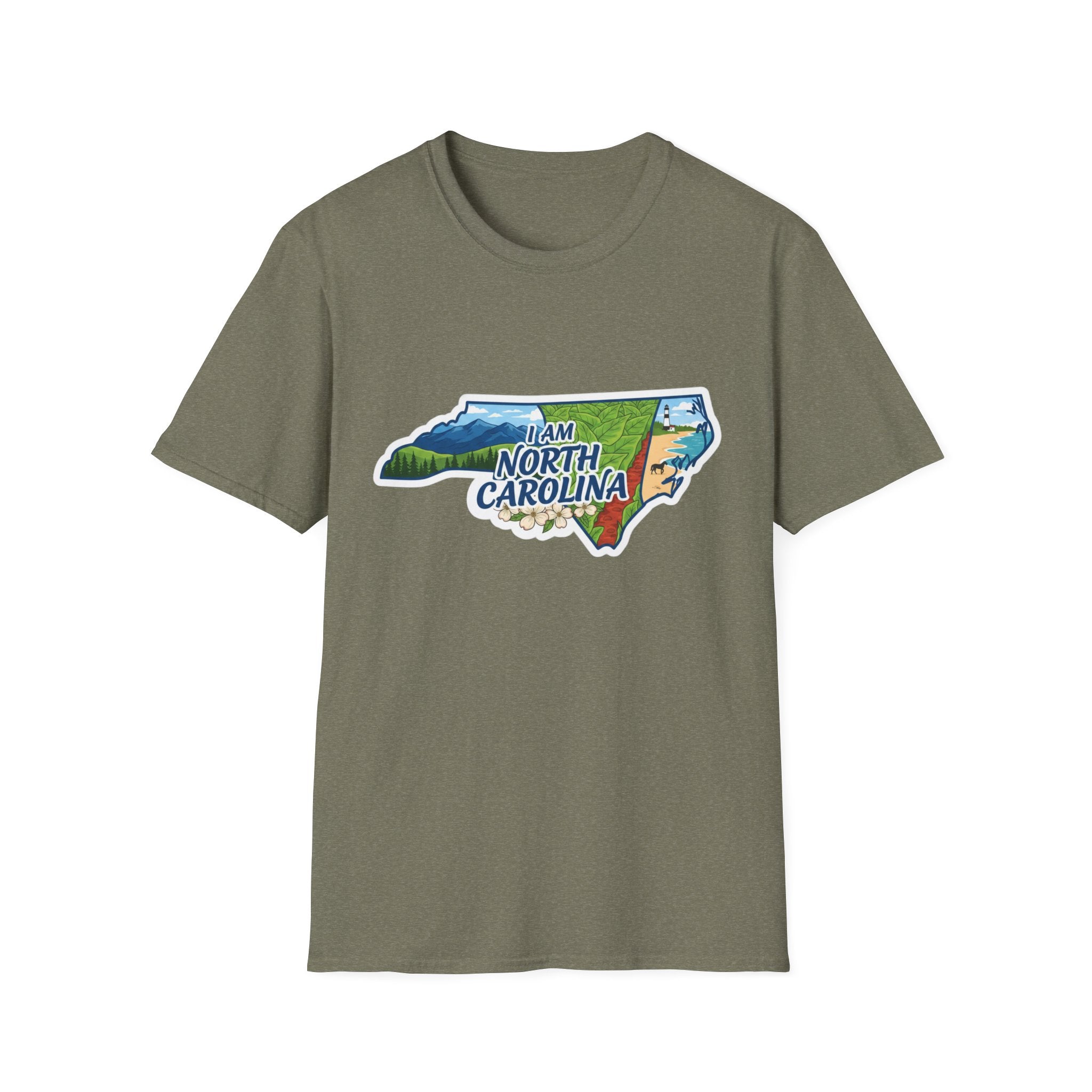 (Heather Military Green) North Carolina map T-shirt with nature and floral elements