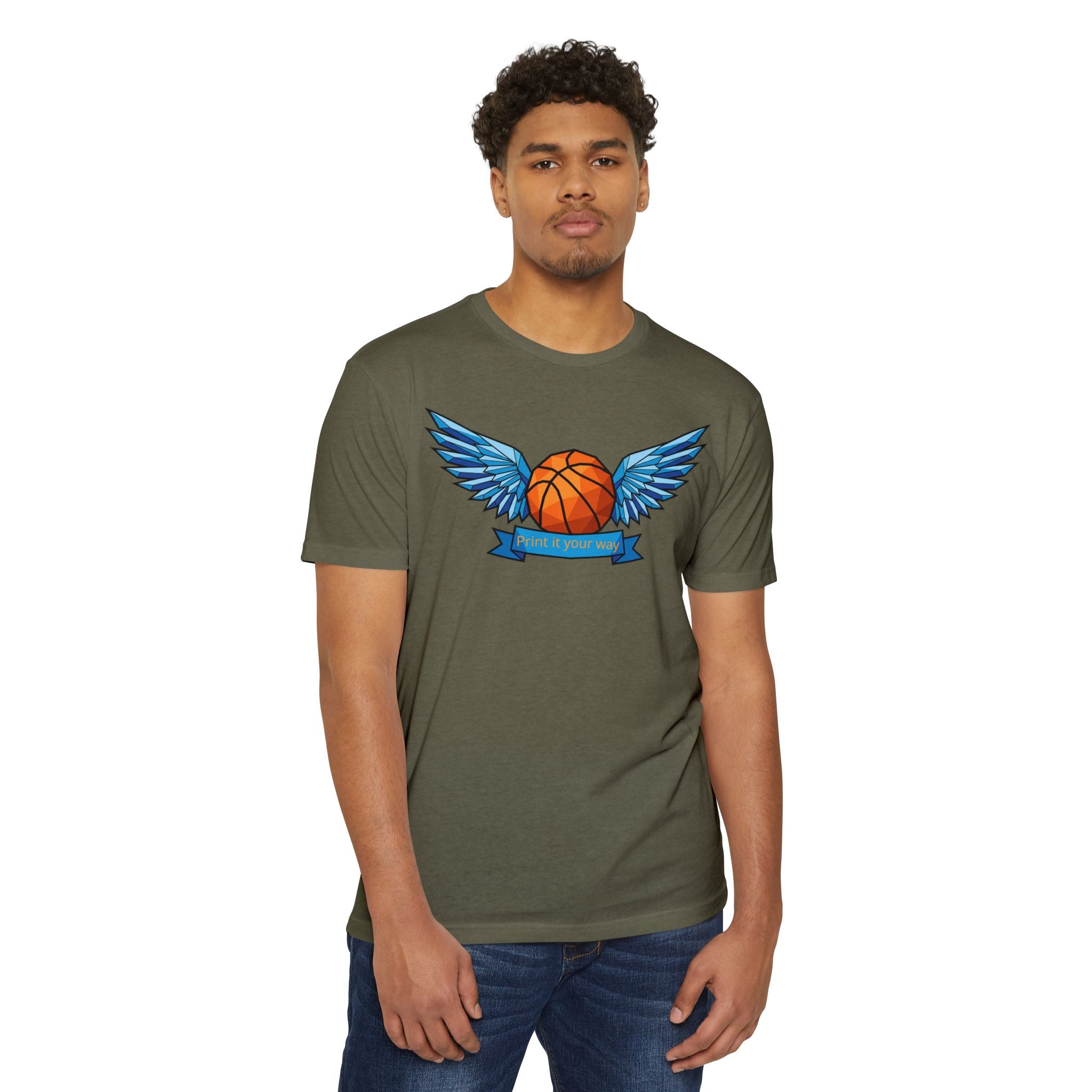 Unisex dark olive basketball T-shirt with blue winged basketball graphic on chest