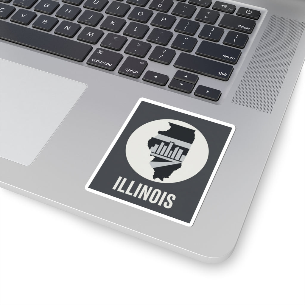 Illinois skyline state sticker on a laptop lid, with “ILLINOIS” text