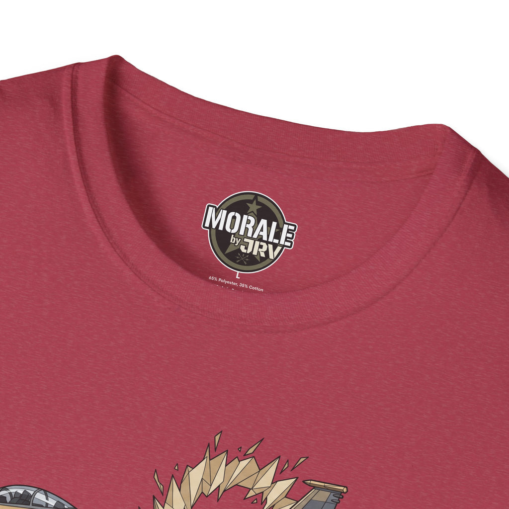 Maroon T-shirt with small chest logo and top of fighter-jet graphic