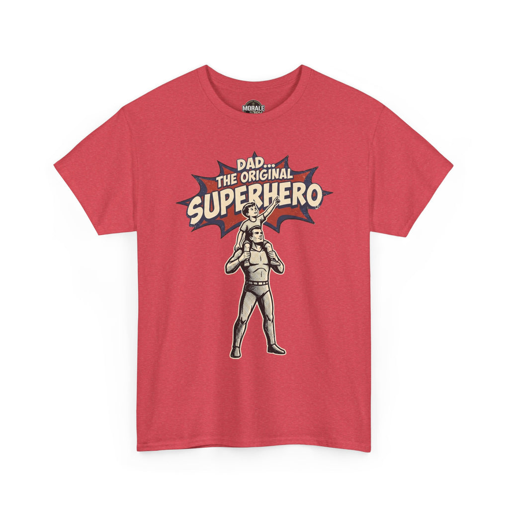 Red crewneck T-shirt with dad superhero comic graphic
