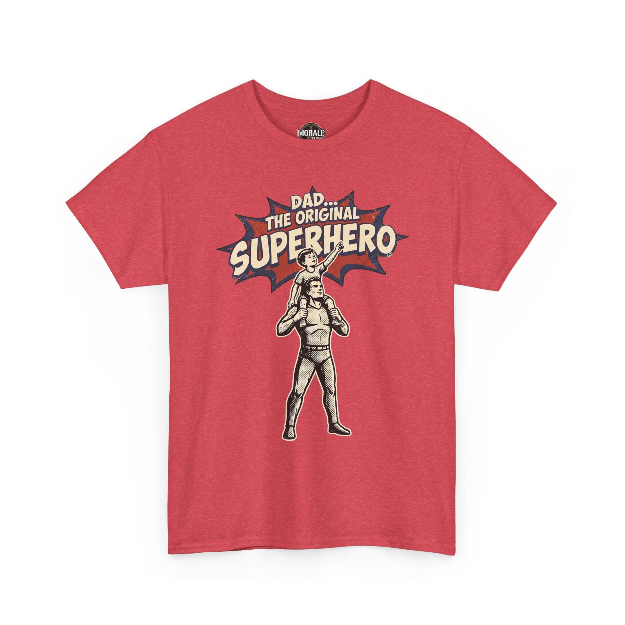 Red crewneck T-shirt with dad superhero comic graphic