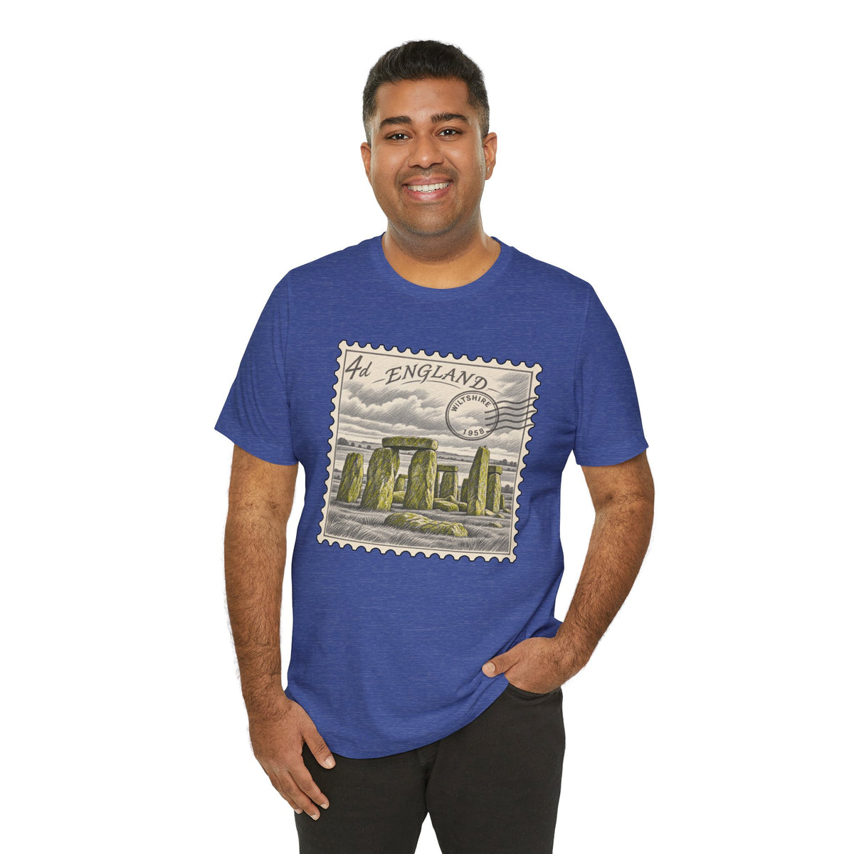 Heather true royal blue short-sleeve t-shirt with England postage stamp graphic
