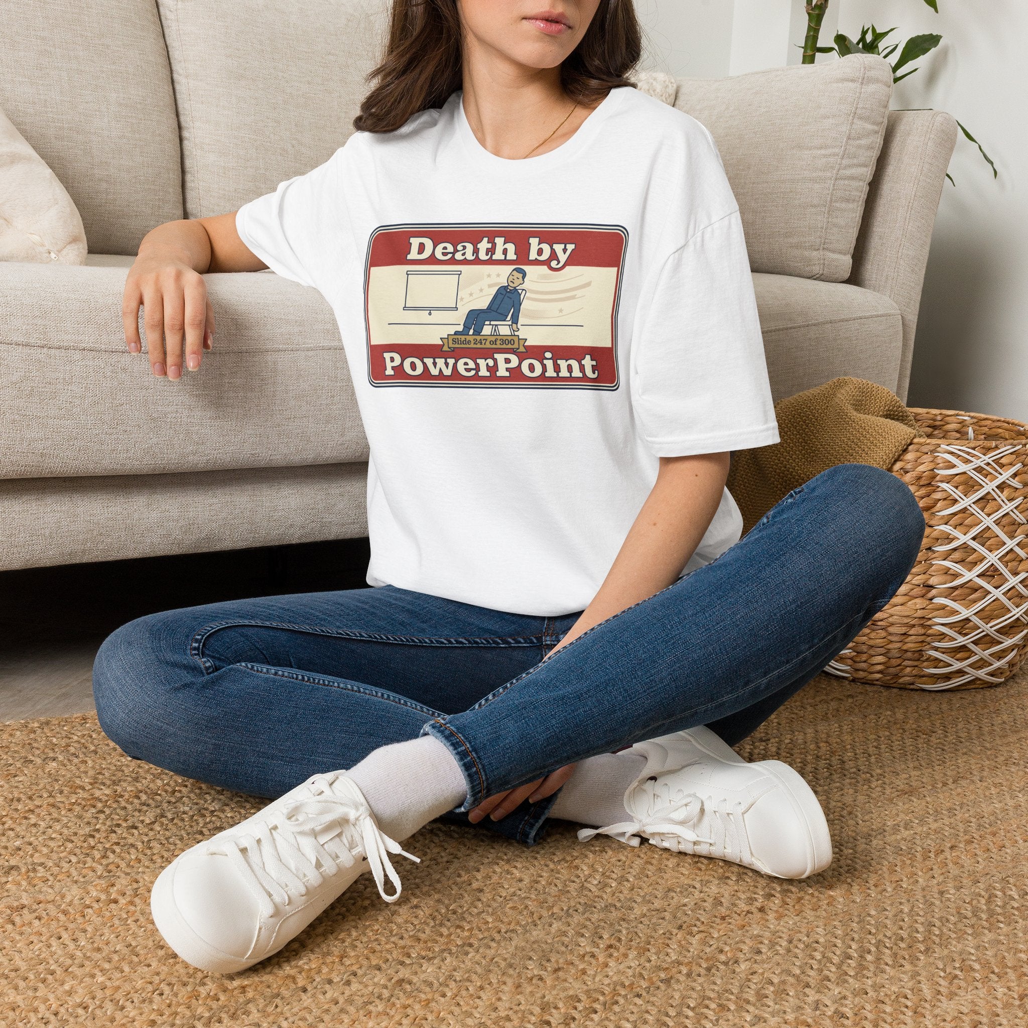 White T-shirt worn by model, featuring 'Death by PowerPoint' graphic