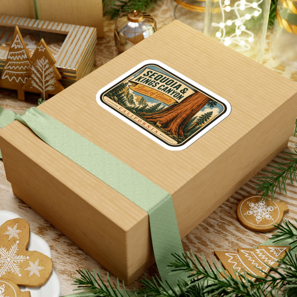 Sequoia & Kings Canyon travel sticker on cardboard gift box lid with mint ribbon
