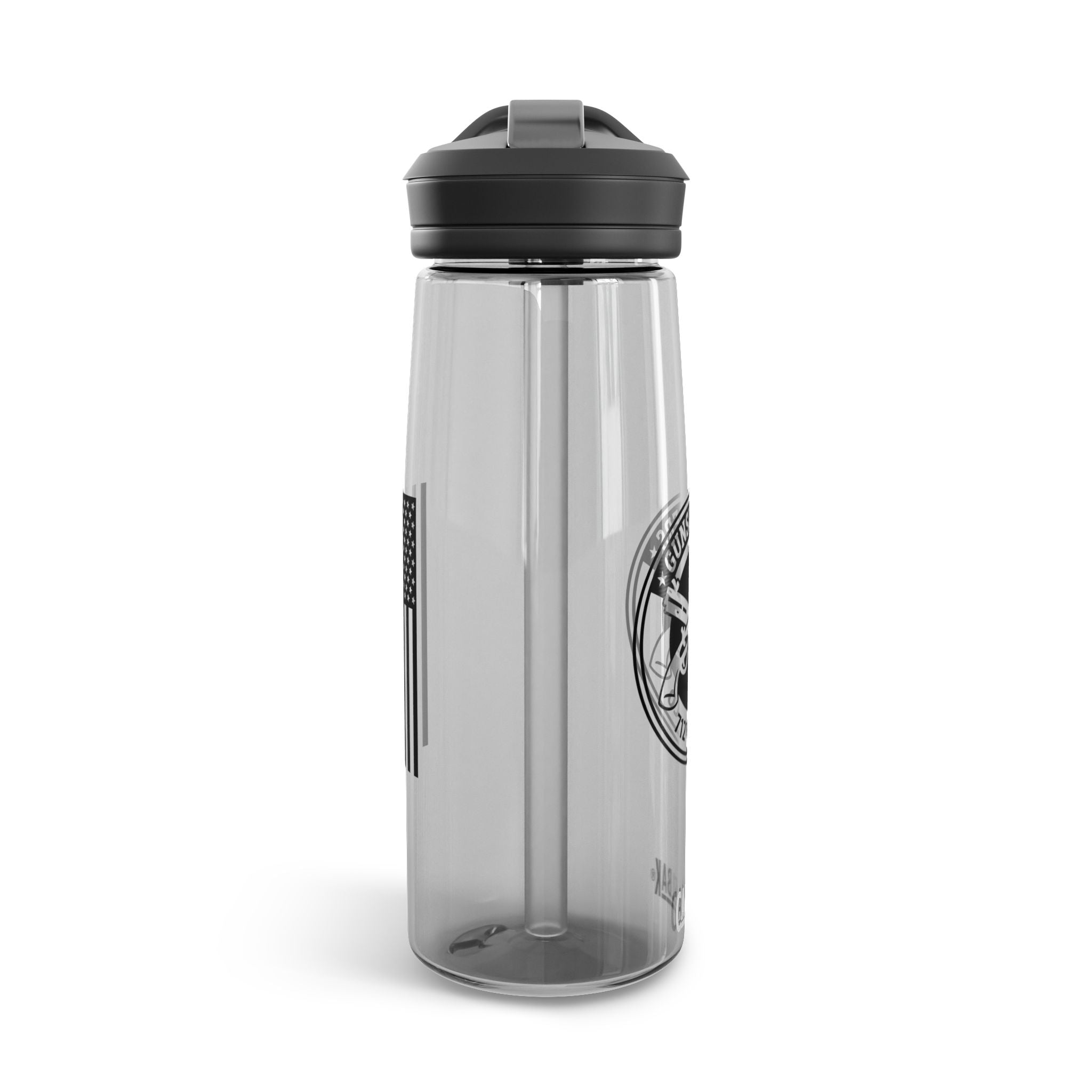 25 oz transparent water bottle with charcoal flip-top lid and side emblem
