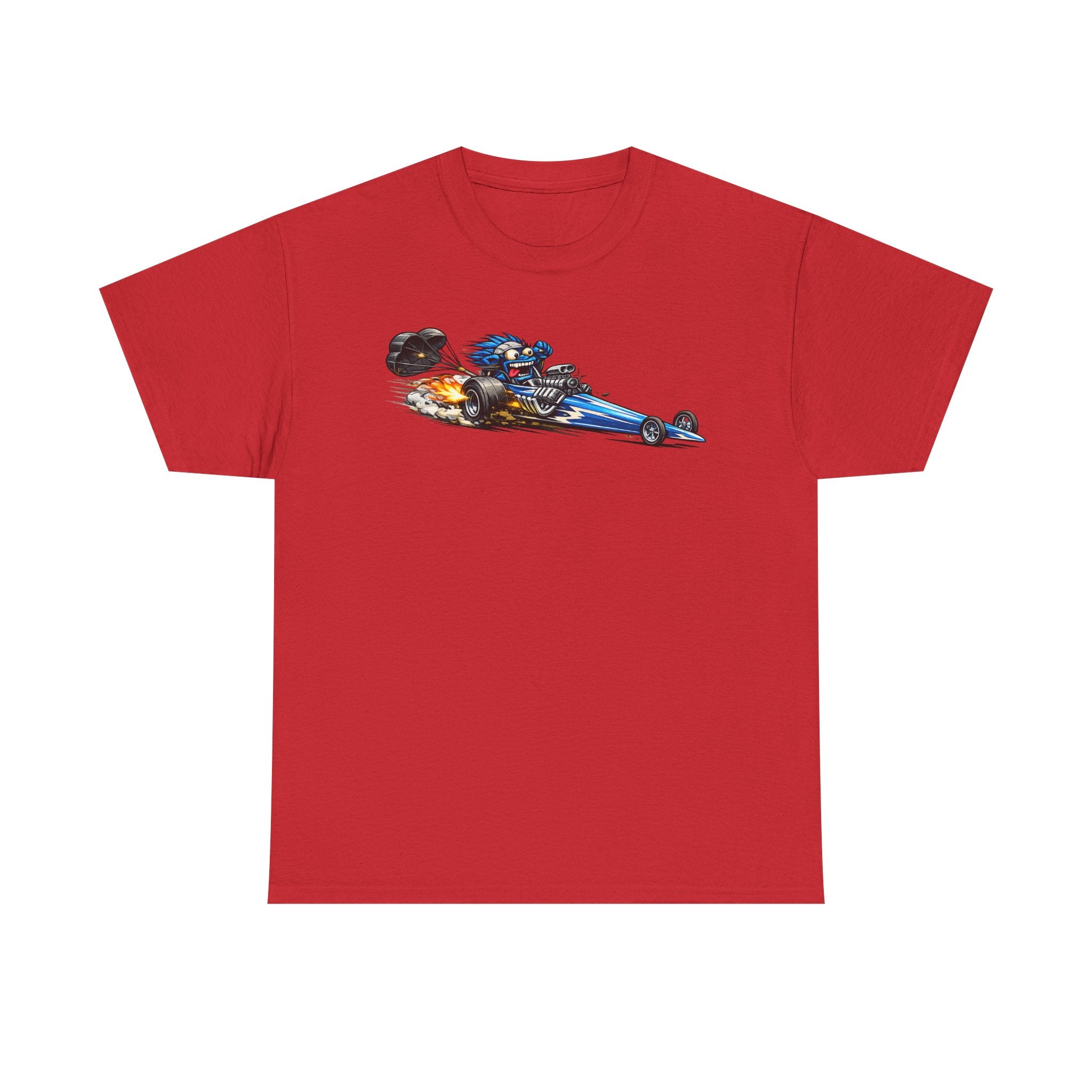 Red unisex graphic tee with flaming dragster car print on the chest