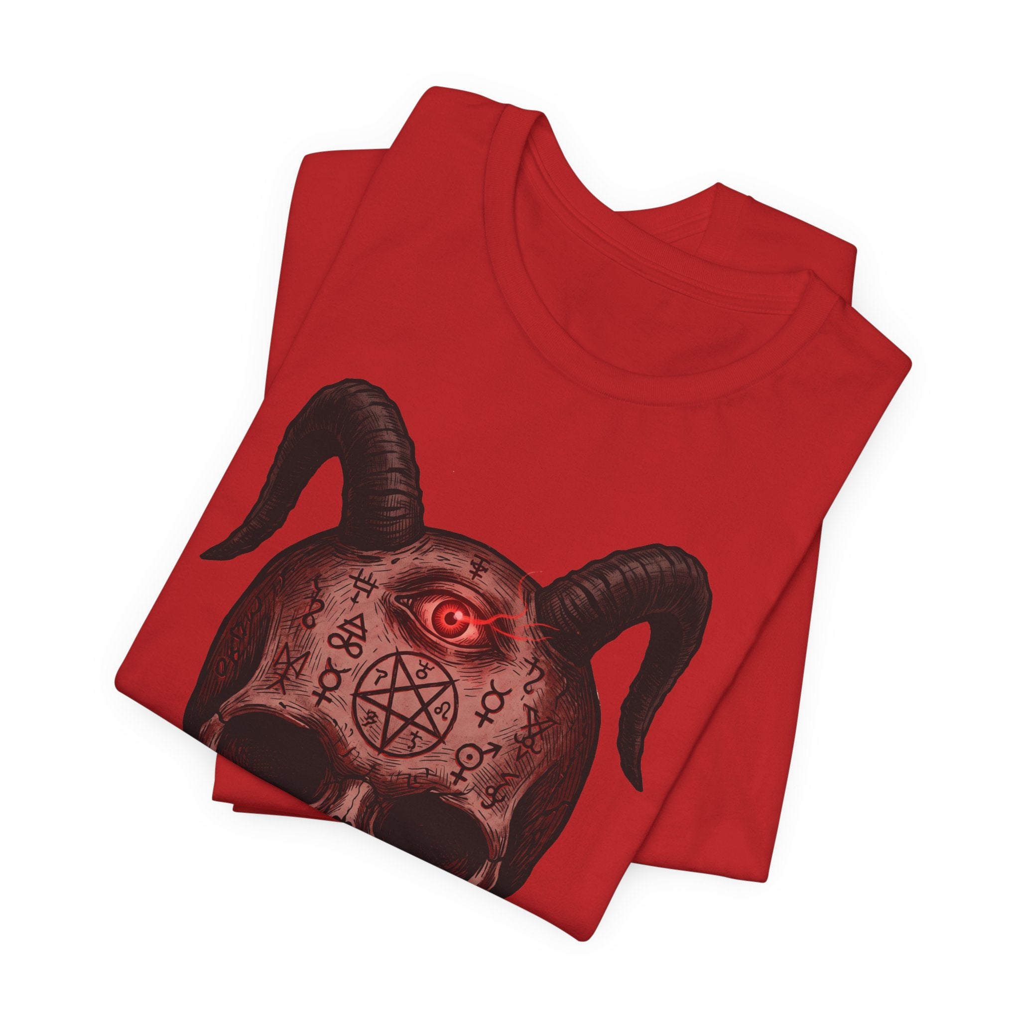 Red T-shirt with horned skull demon graphic on front, close-up