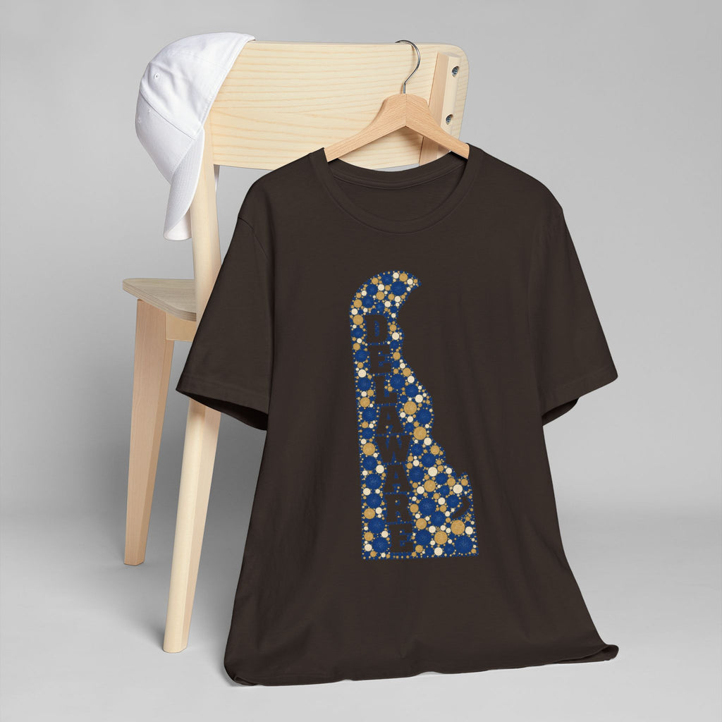 Black Delaware state graphic t-shirt with blue and gold state letter design