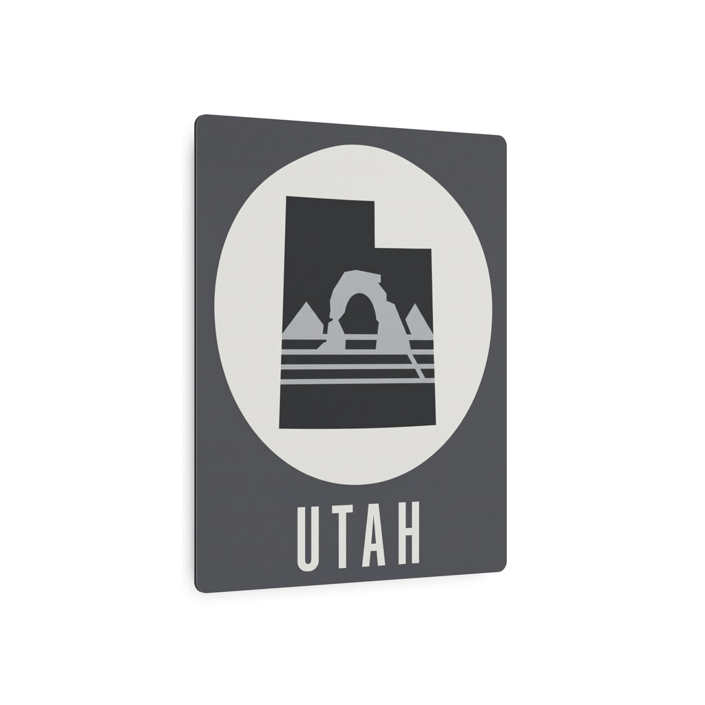 Utah metal wall art sign, dark gray square with white circle, mountain arch graphic and UTAH text