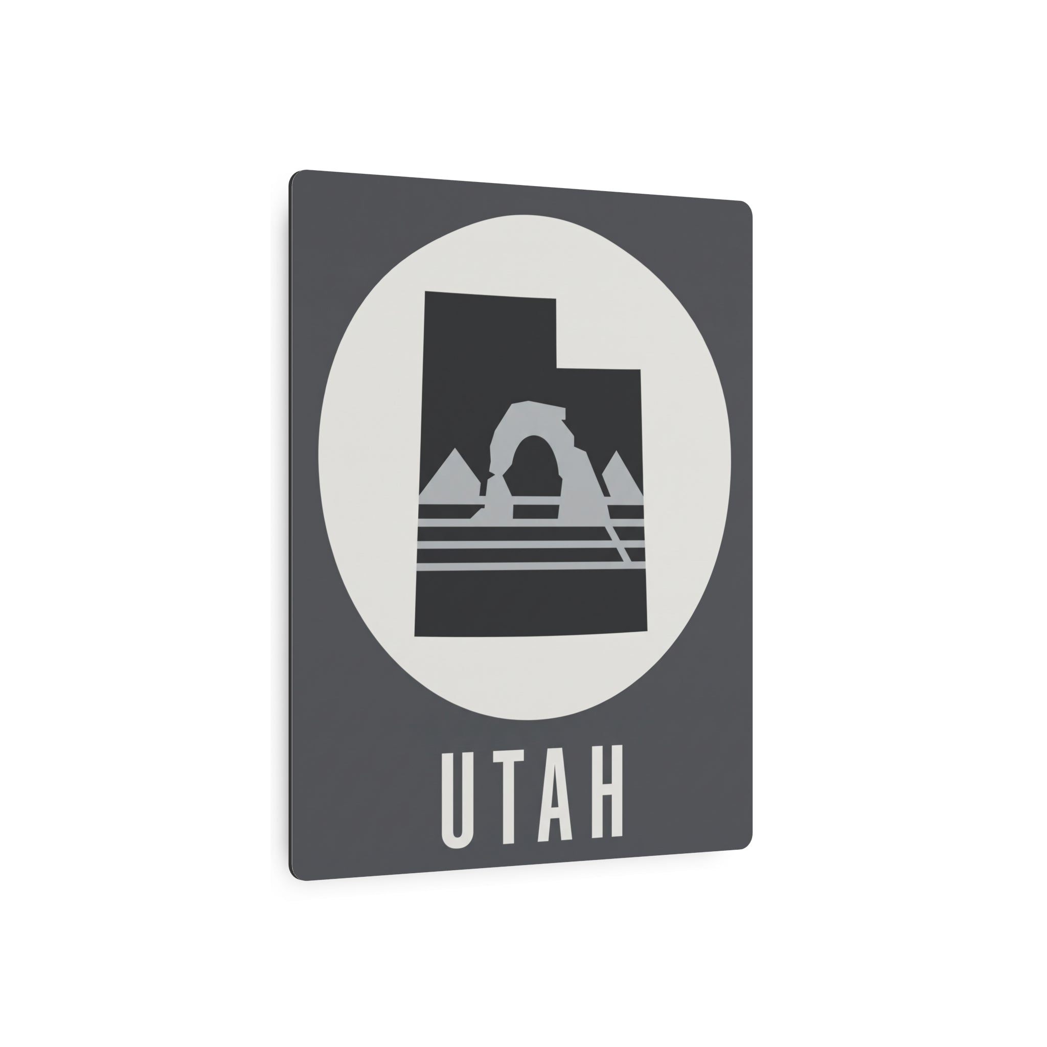 Utah metal wall art sign, dark gray square with white circle, mountain arch graphic and UTAH text