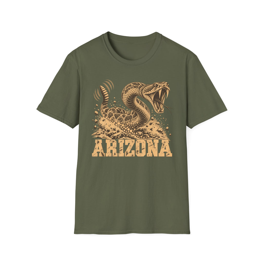 Men's olive green graphic T-shirt with coiled rattlesnake and 'ARIZONA' front print