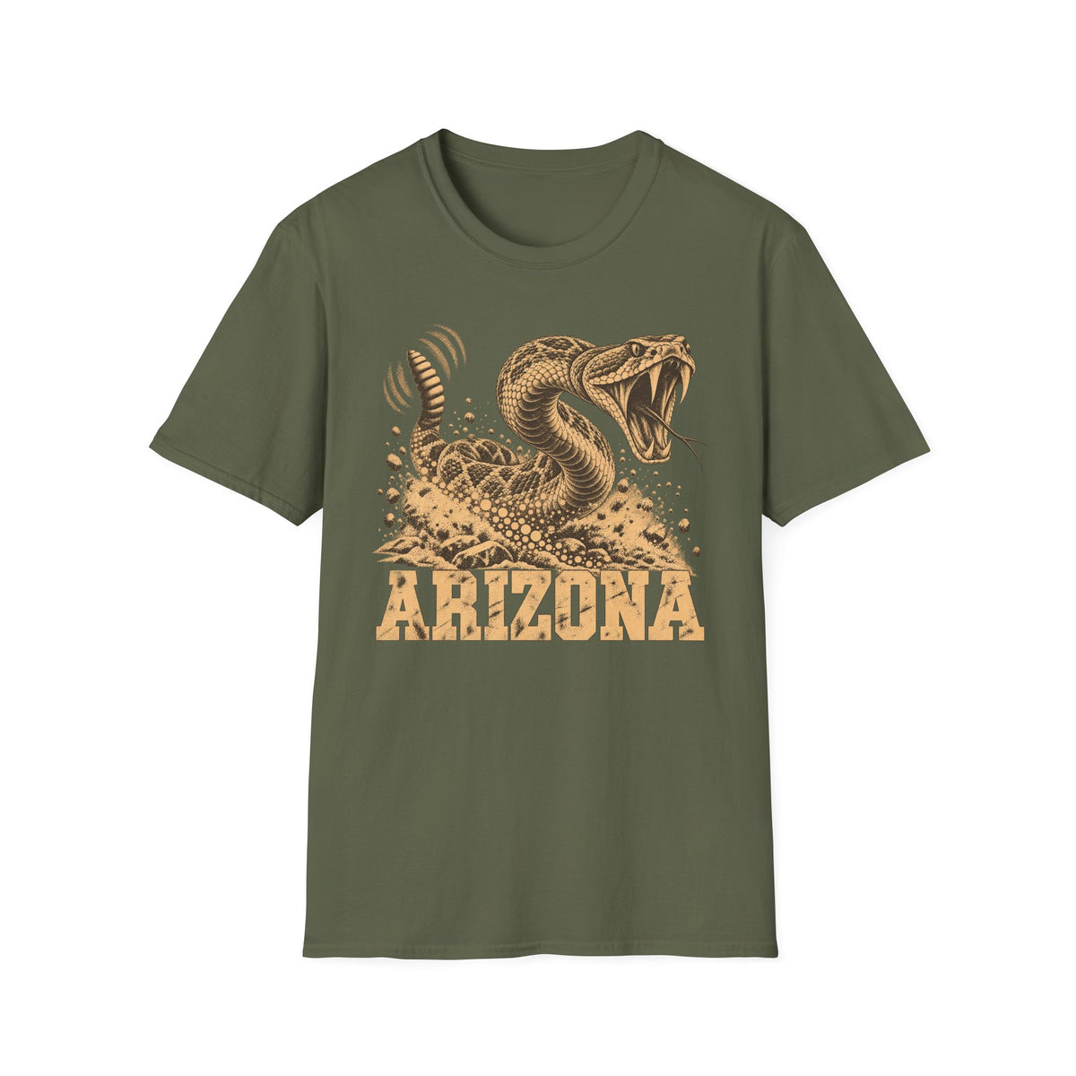 Men's olive green graphic T-shirt with coiled rattlesnake and 'ARIZONA' front print