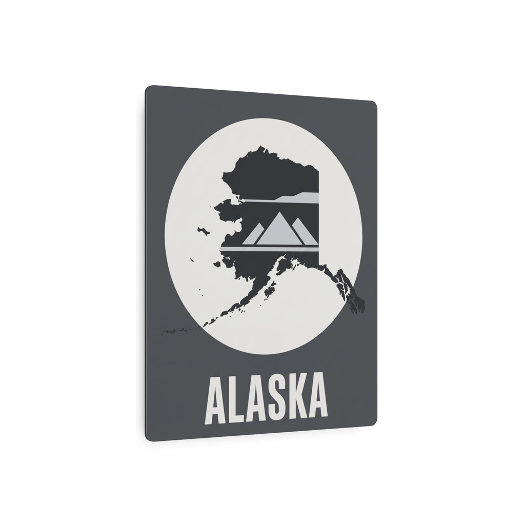 Alaska metal wall sign with circular white emblem, mountain skyline cutout, dark gray square