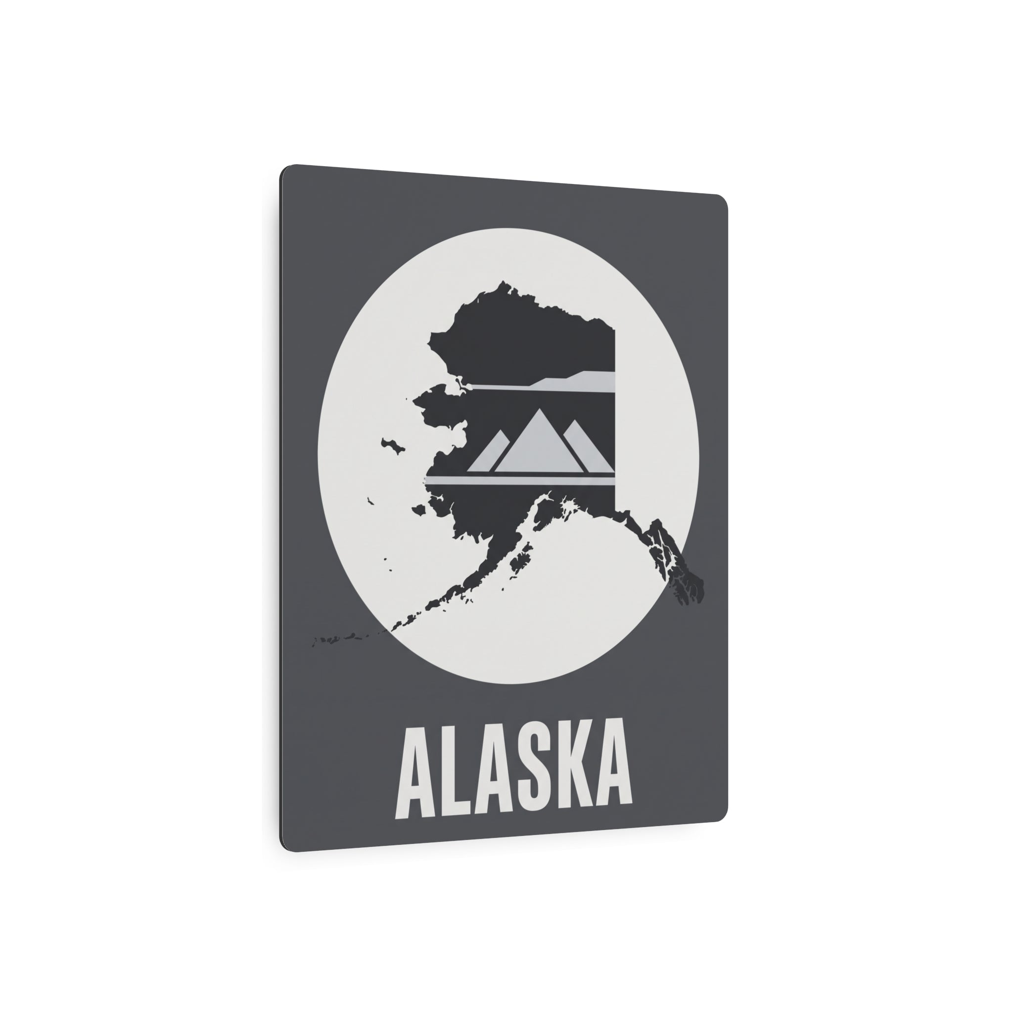 Alaska metal wall sign with circular white emblem, mountain skyline cutout, dark gray square