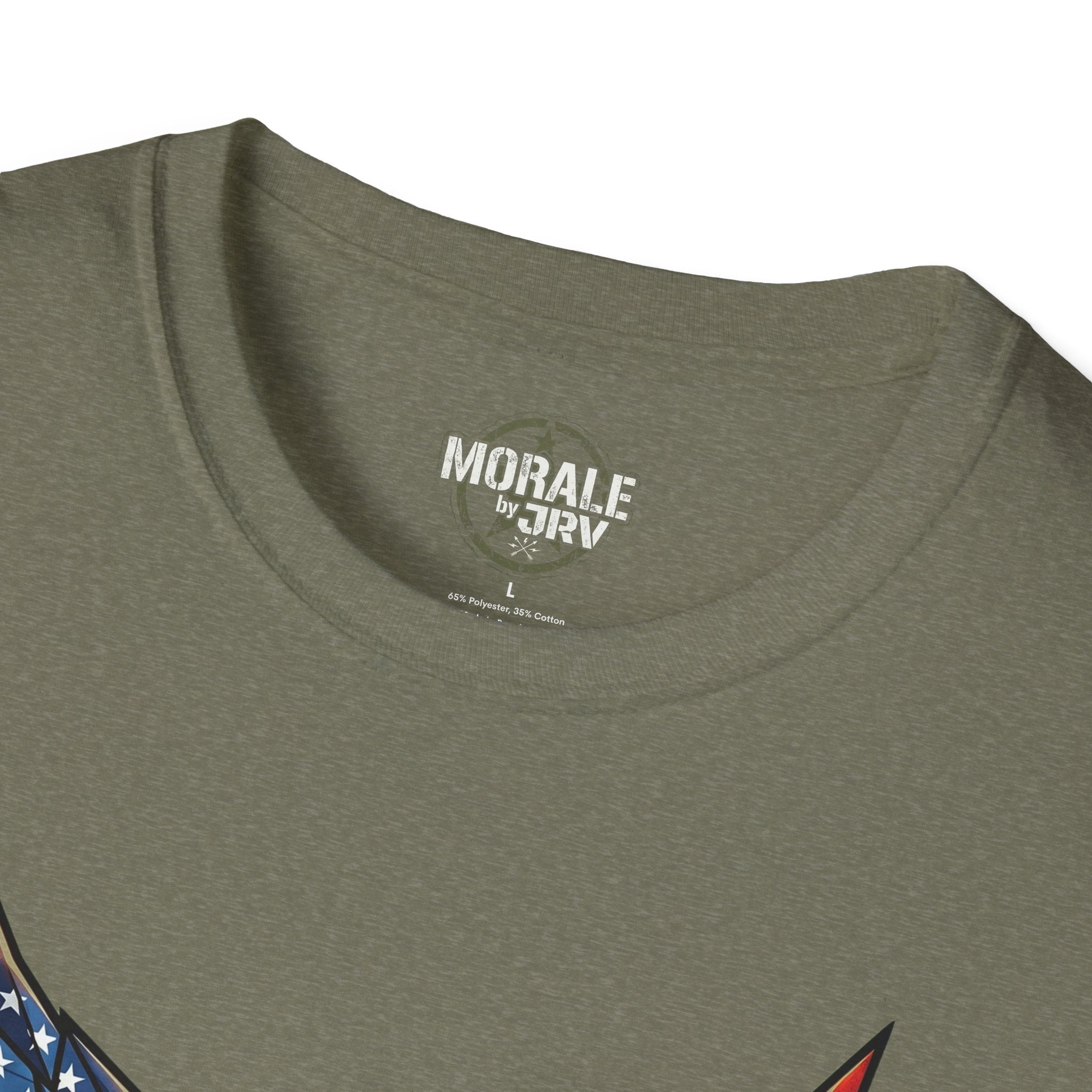 American Flag Phoenix Unbroken T-Shirt, military green crewneck with inner neck label
